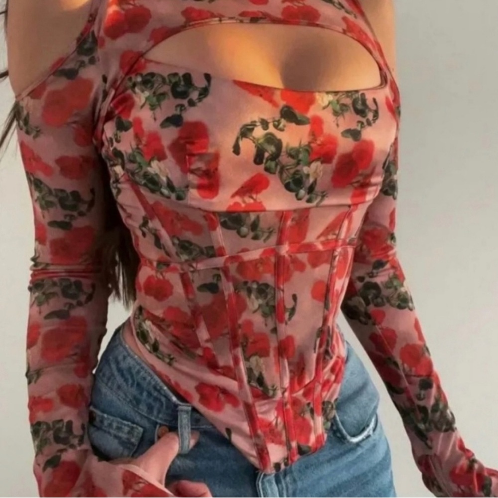 RARE HOUSE OF CB 'Malina' Rose Print Cutout Corset Top